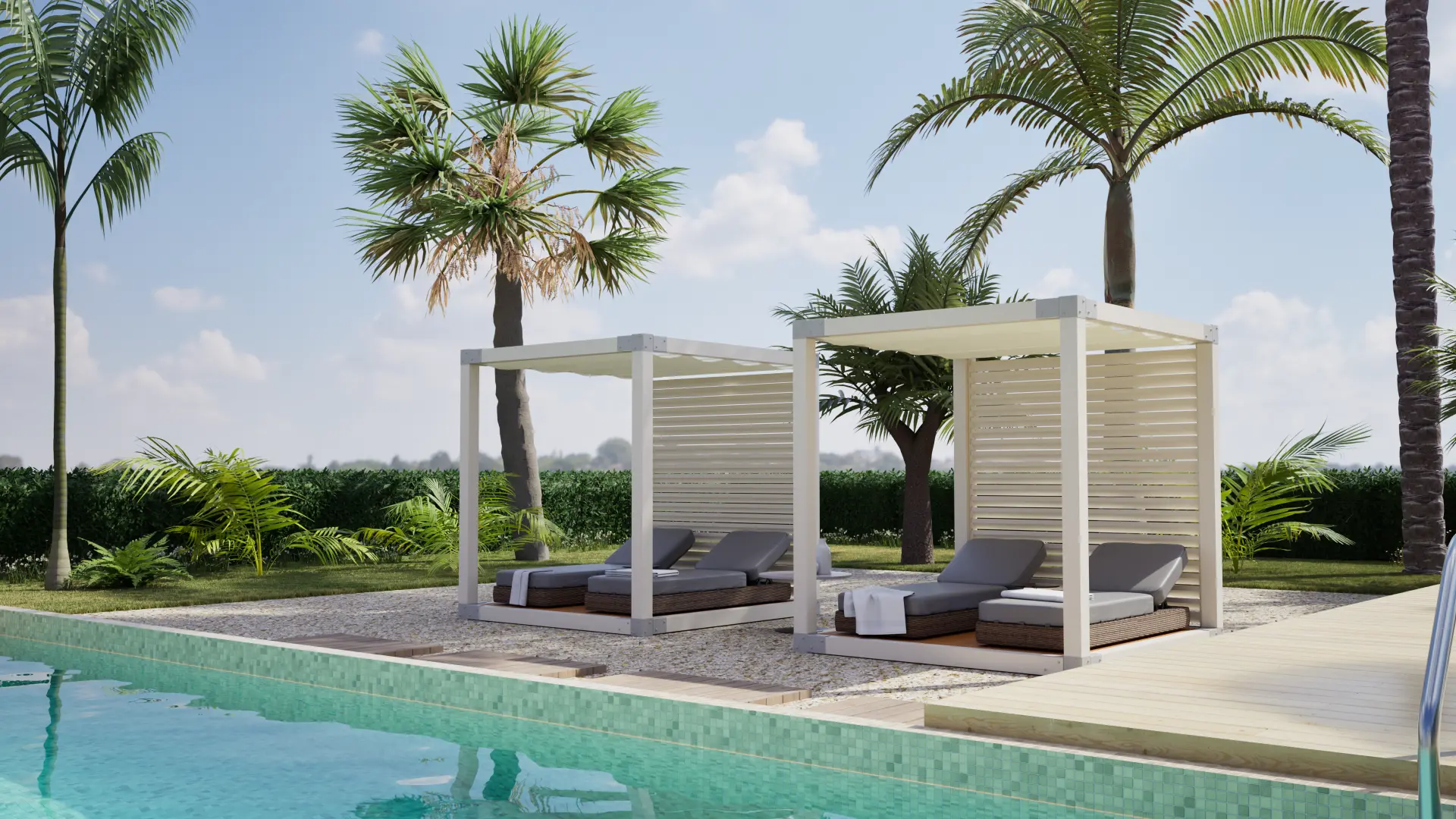 Cabana, pérgola blanca SOL Collection con tumbonas