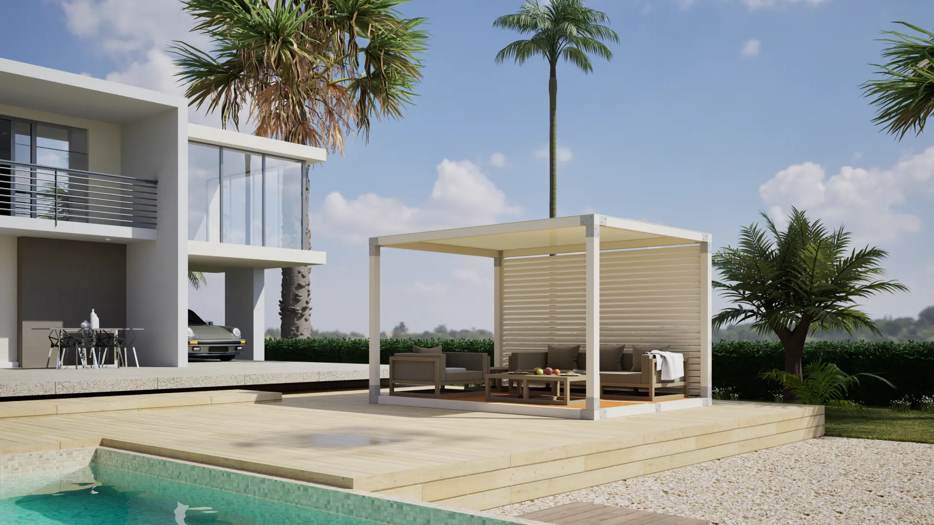 Forma SOL Collection con sofá en la cubierta de la piscina, casa moderna y palmeras al fondo
